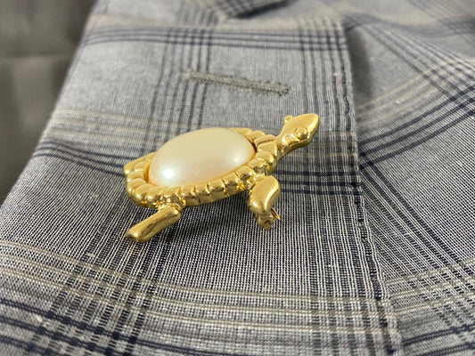 Vintage TRIFARI Gold-Tone Turtle Brooch | Pearlized Lucite Cabochon - Busy Bowerbird