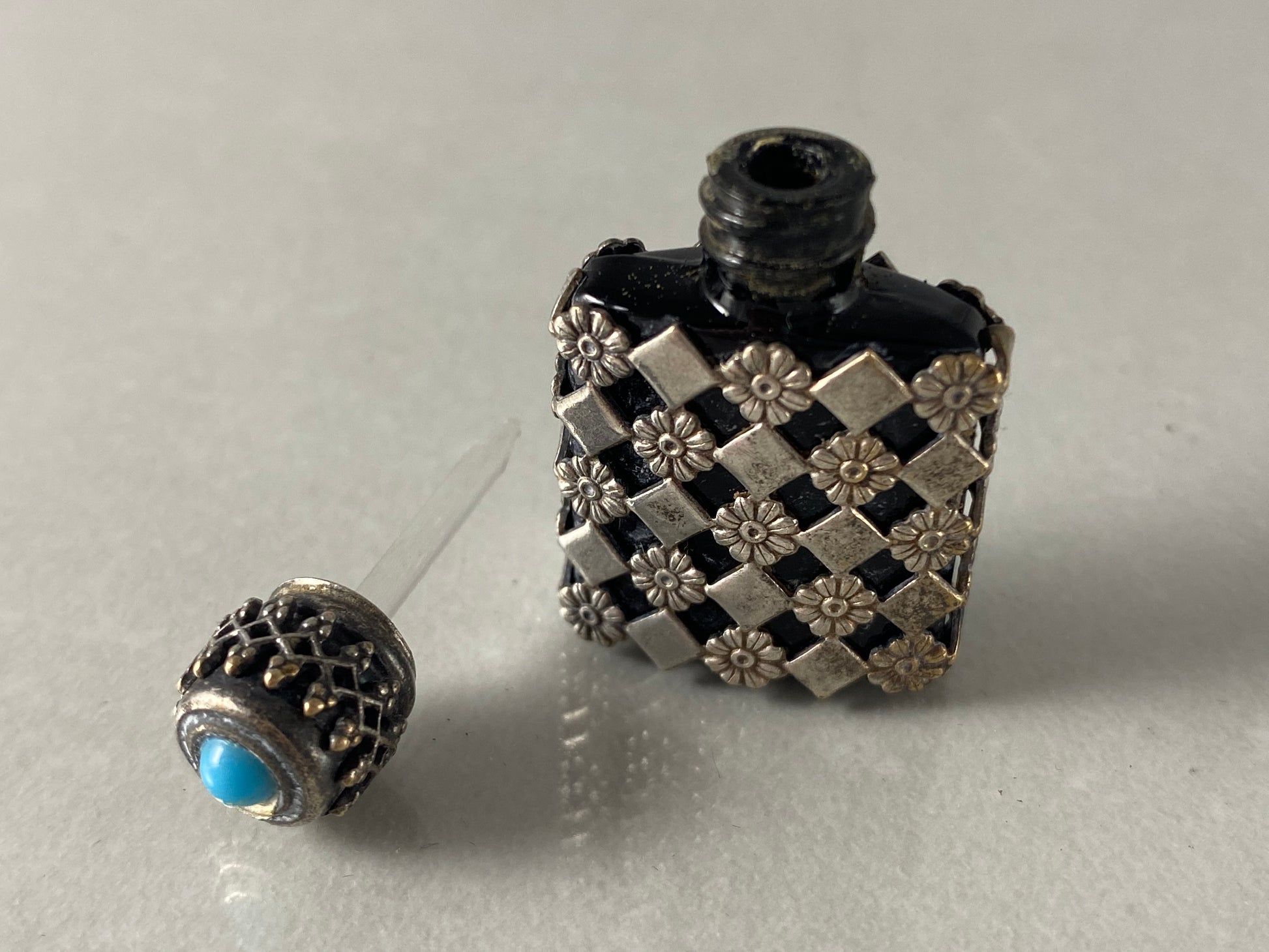 1920s/30s FRENCH Miniature Black Amethyst Perfume Bottle with Silver Overlay - Busy Bowerbird