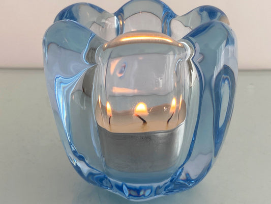 1960s ORREFORS Ice-Blue Glass Votive Candle Holder | 'Stella Polaris' Style - Busy Bowerbird