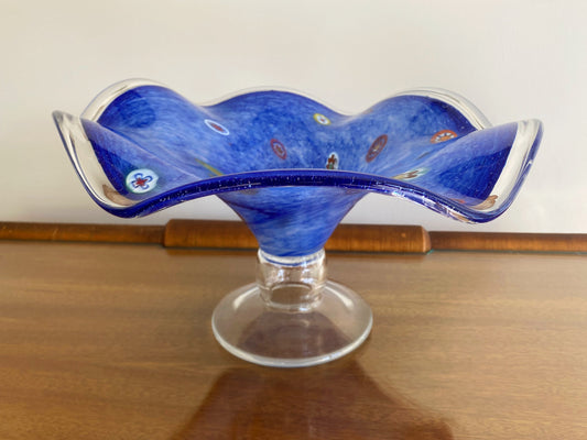 Blue MURANO Freeform Art Glass Centerpiece Bowl | Millefiori Accents - Busy Bowerbird