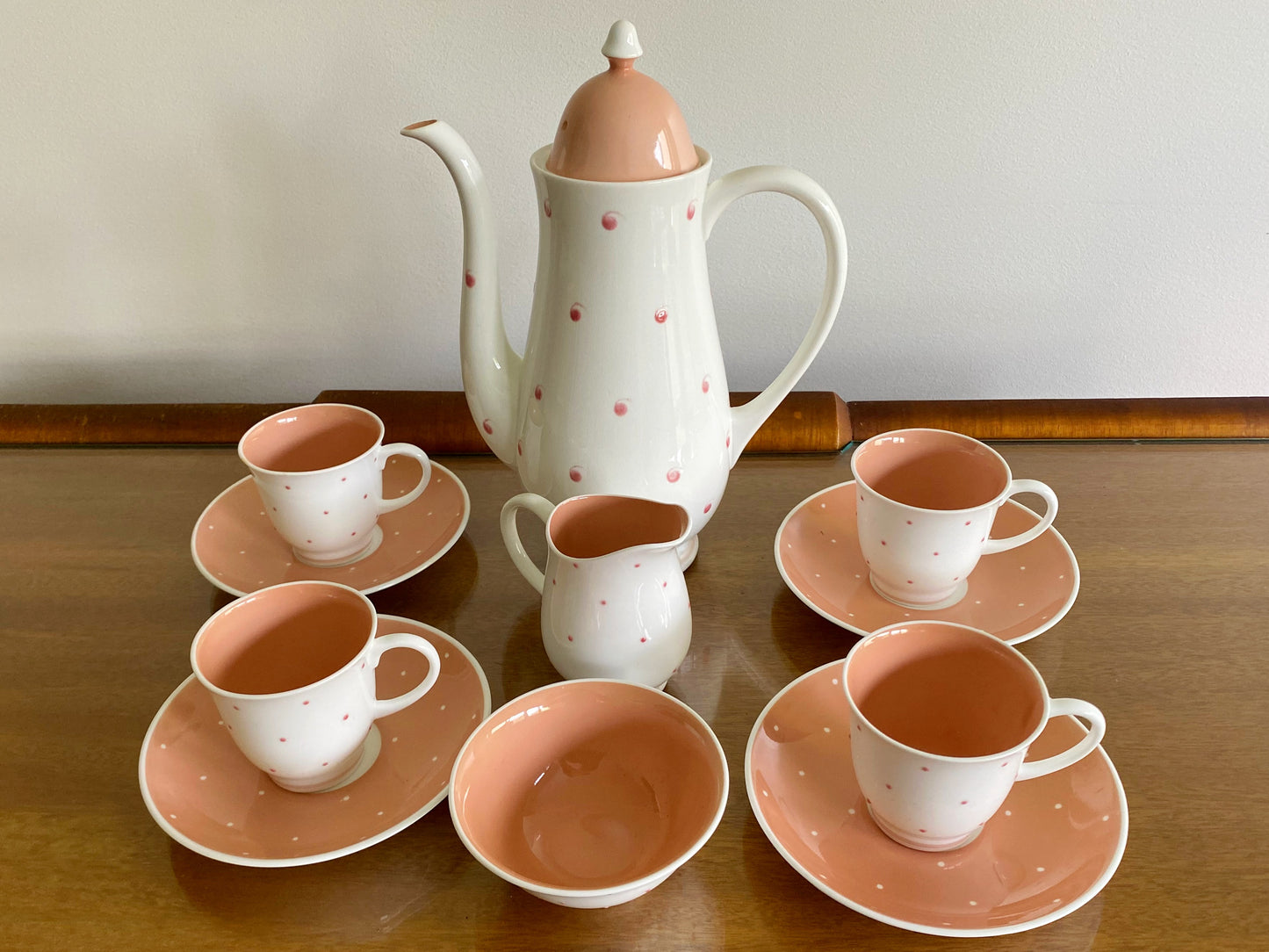 1950s SUSIE COOPER Pink & White, Raised Dot Design Coffee Service (x4) - Busy Bowerbird