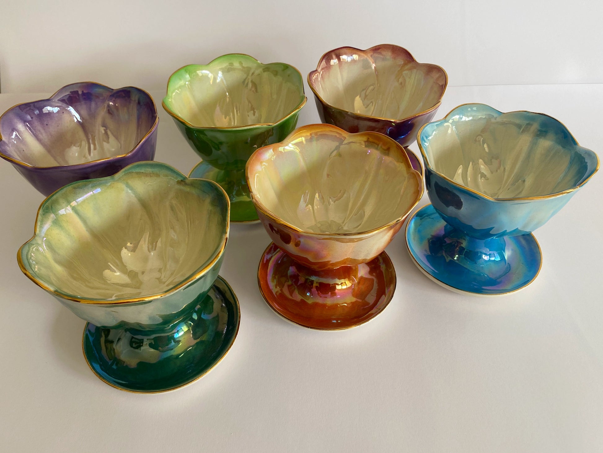 1950s WEMBLEY WARE Set of 6 Harlequin Lusterware Sundae Bowls | Rare! - Busy Bowerbird