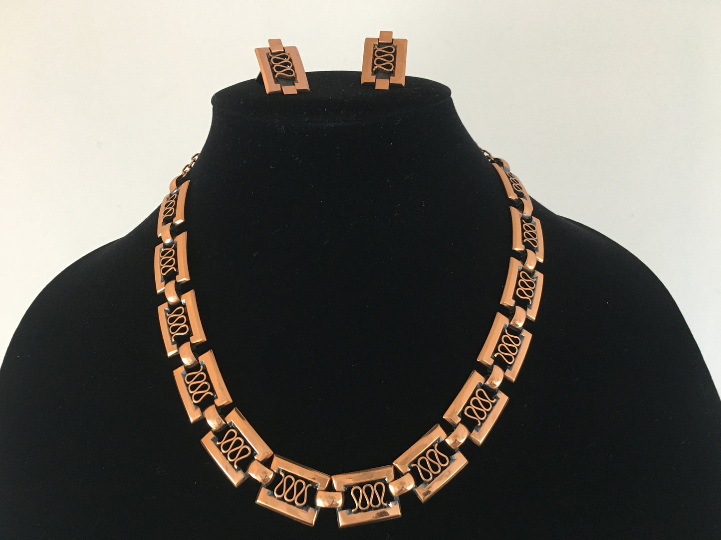 1960s RENOIR Copper & Black Geometric Grecian Necklace and Earring Set - Busy Bowerbird