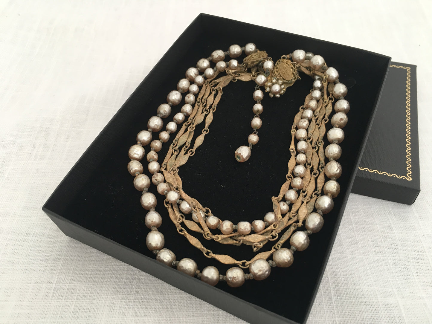 Miriam Haskell Silver-Grey Baroque Pearl & Russian Gold Necklace - Busy Bowerbird