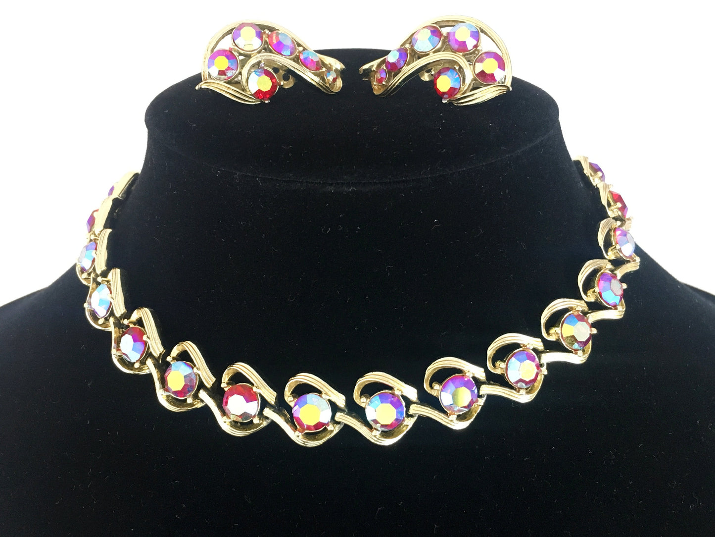 1950s KRAMER Aurora Borealis Rhinestone Choker & Earring Set - Busy Bowerbird