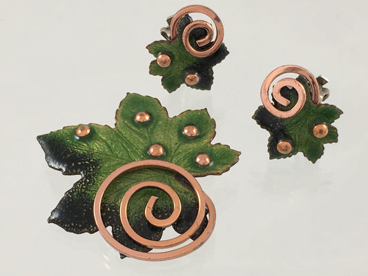 MATISSE Enamel on Copper Green 'Maple Leaf' Brooch & Clip Earring Set - Busy Bowerbird