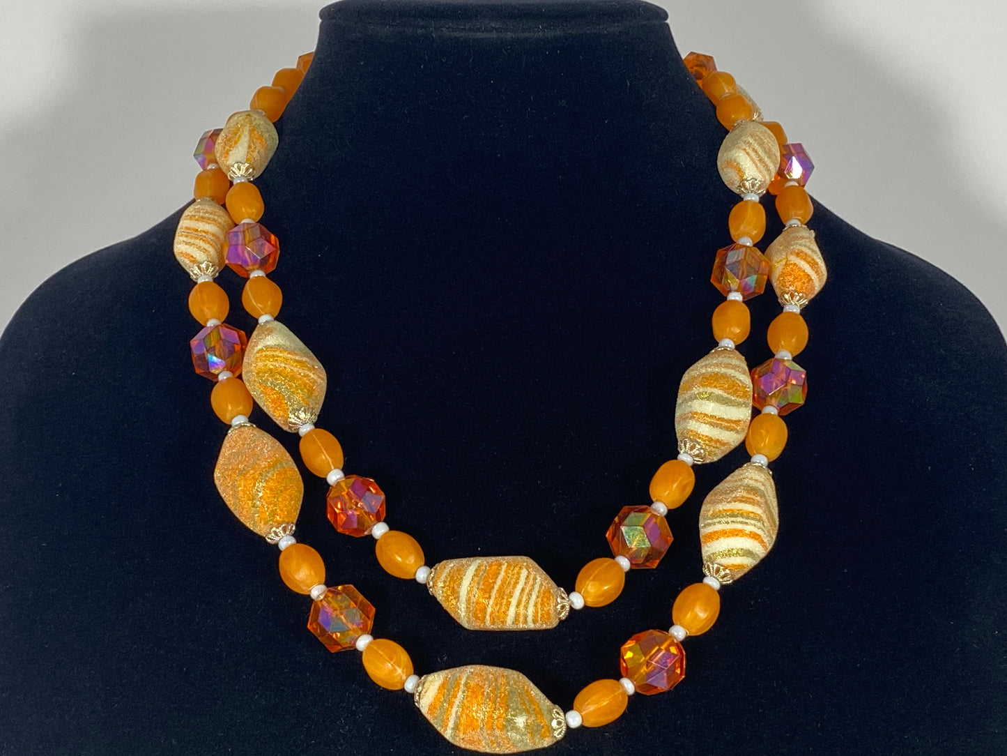 West German Orange and Cream Lucite, Art Glass, & Bead Necklace - Busy Bowerbird