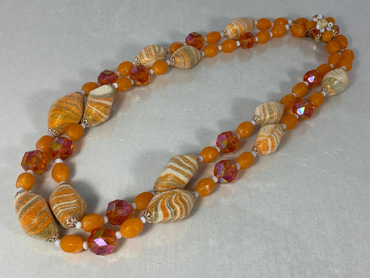 West German Orange and Cream Lucite, Art Glass, & Bead Necklace - Busy Bowerbird