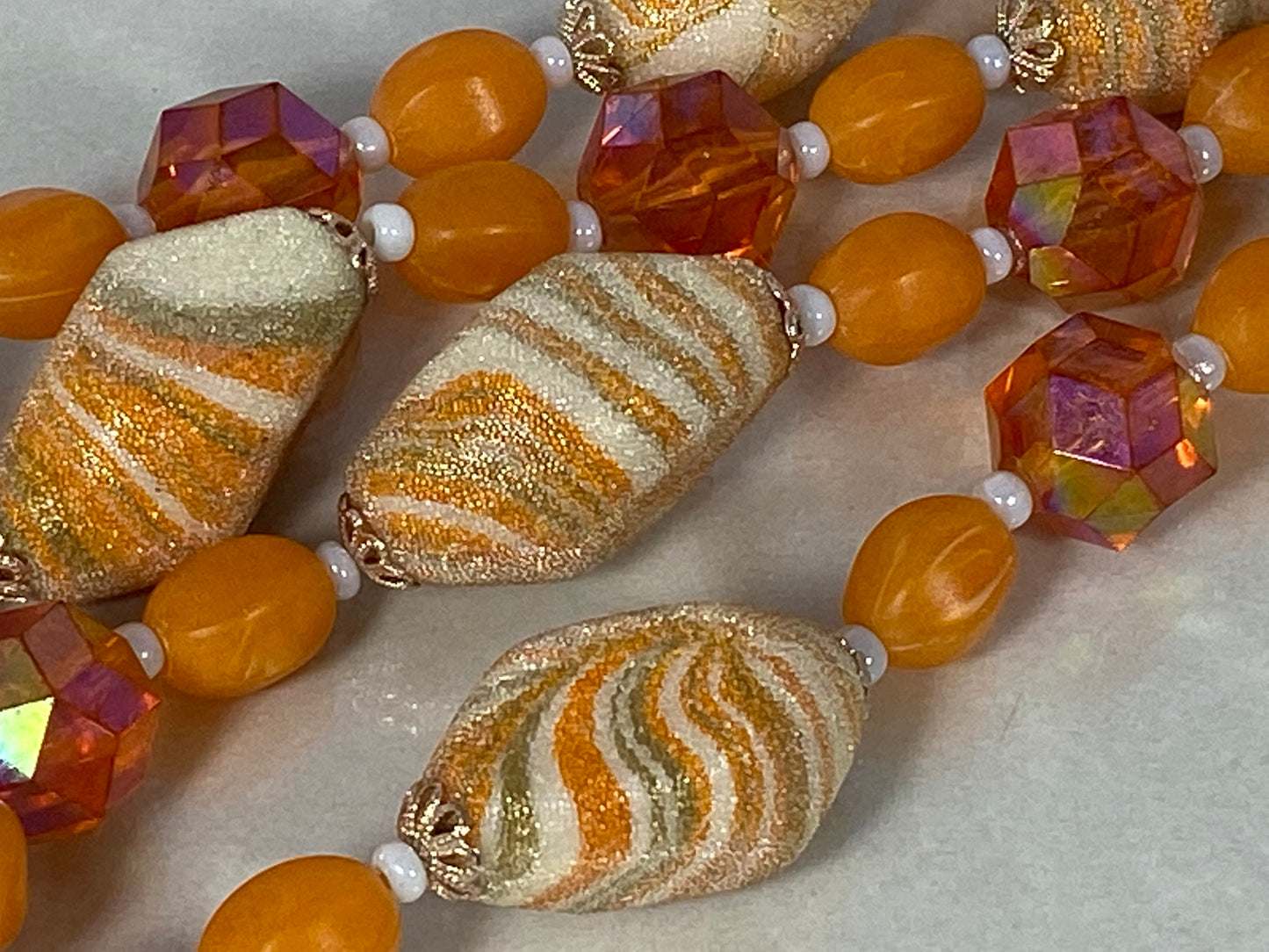 West German Orange and Cream Lucite, Art Glass, & Bead Necklace - Busy Bowerbird