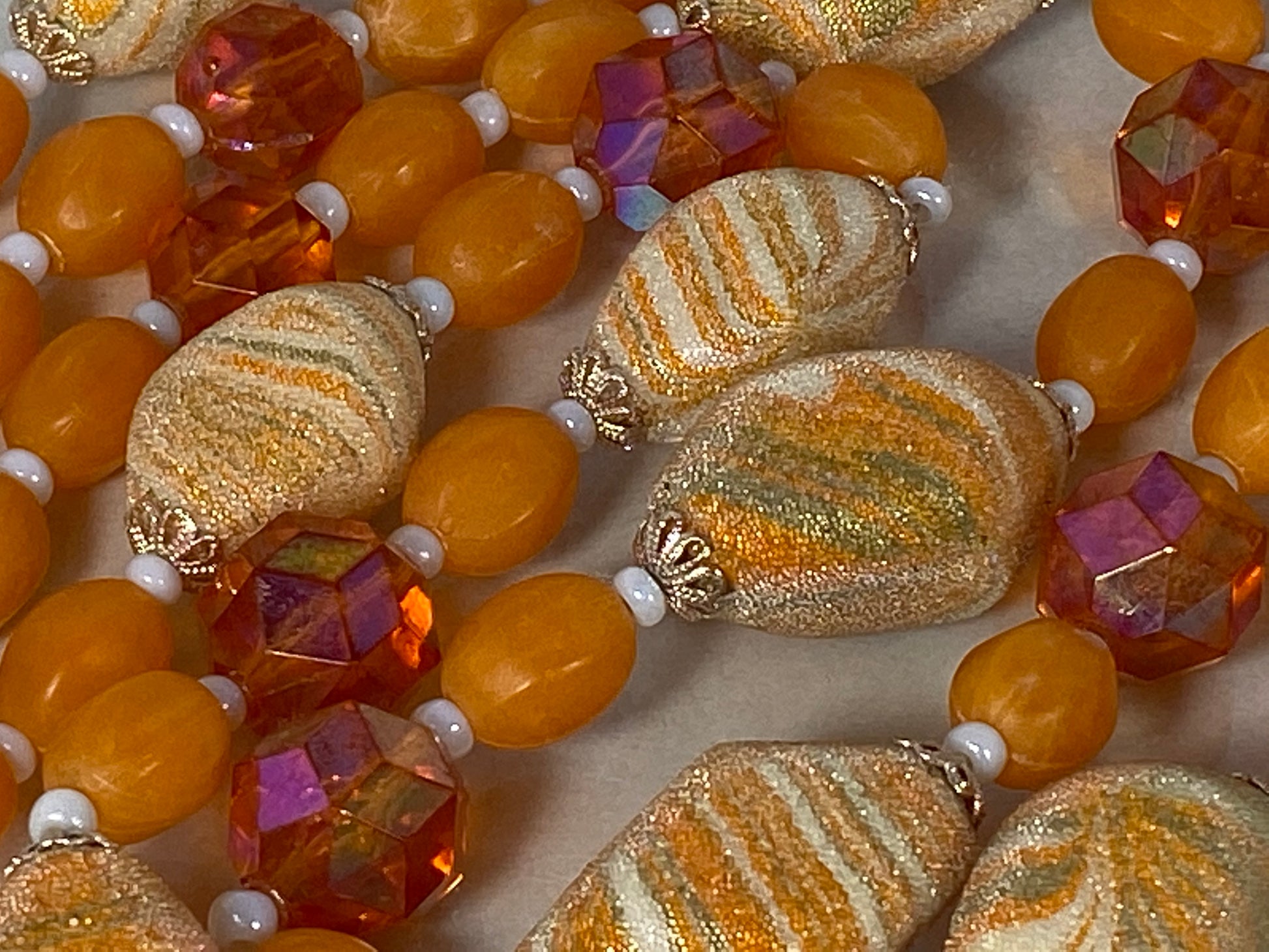 West German Orange and Cream Lucite, Art Glass, & Bead Necklace - Busy Bowerbird