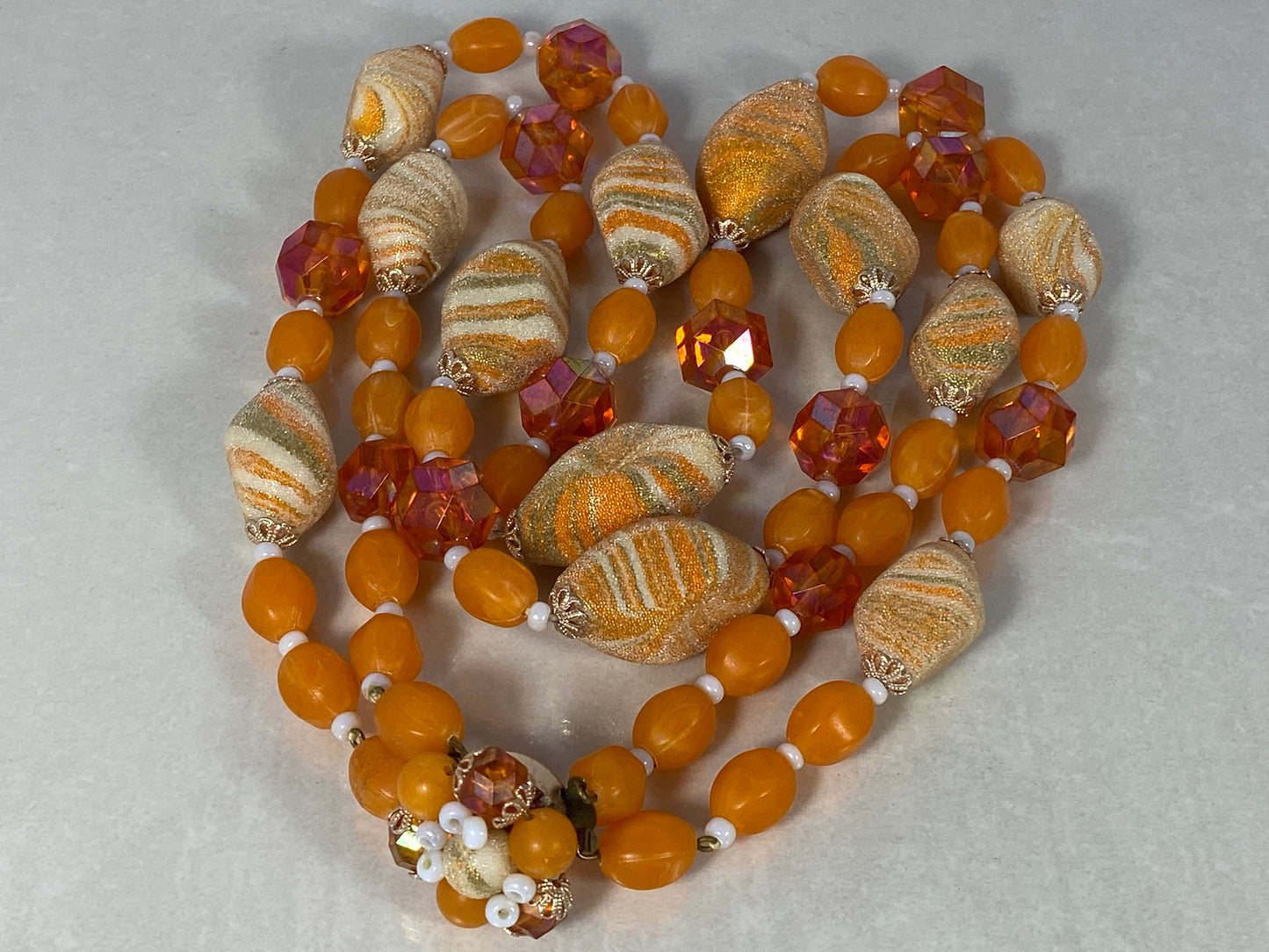 West German Orange and Cream Lucite, Art Glass, & Bead Necklace - Busy Bowerbird