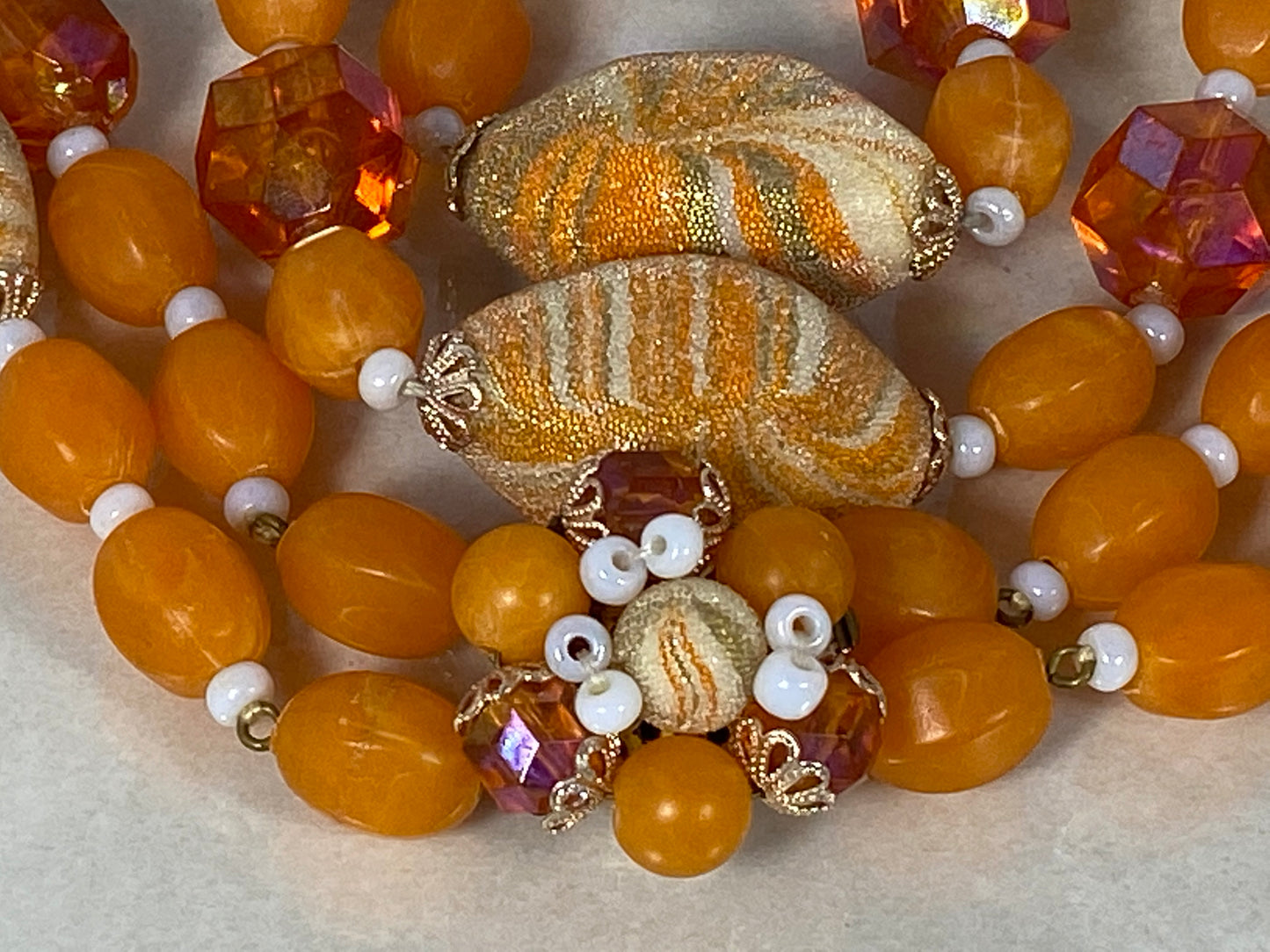 West German Orange and Cream Lucite, Art Glass, & Bead Necklace - Busy Bowerbird