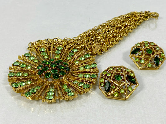 VINTAGE Gold-Plated Green Crystal Pendant Necklace & Earring Set - Busy Bowerbird
