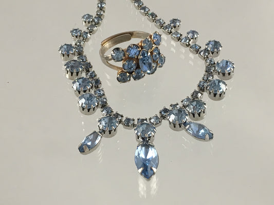 1950s Ice-Blue Crystal Choker with Matching Cocktail Ring - Busy Bowerbird