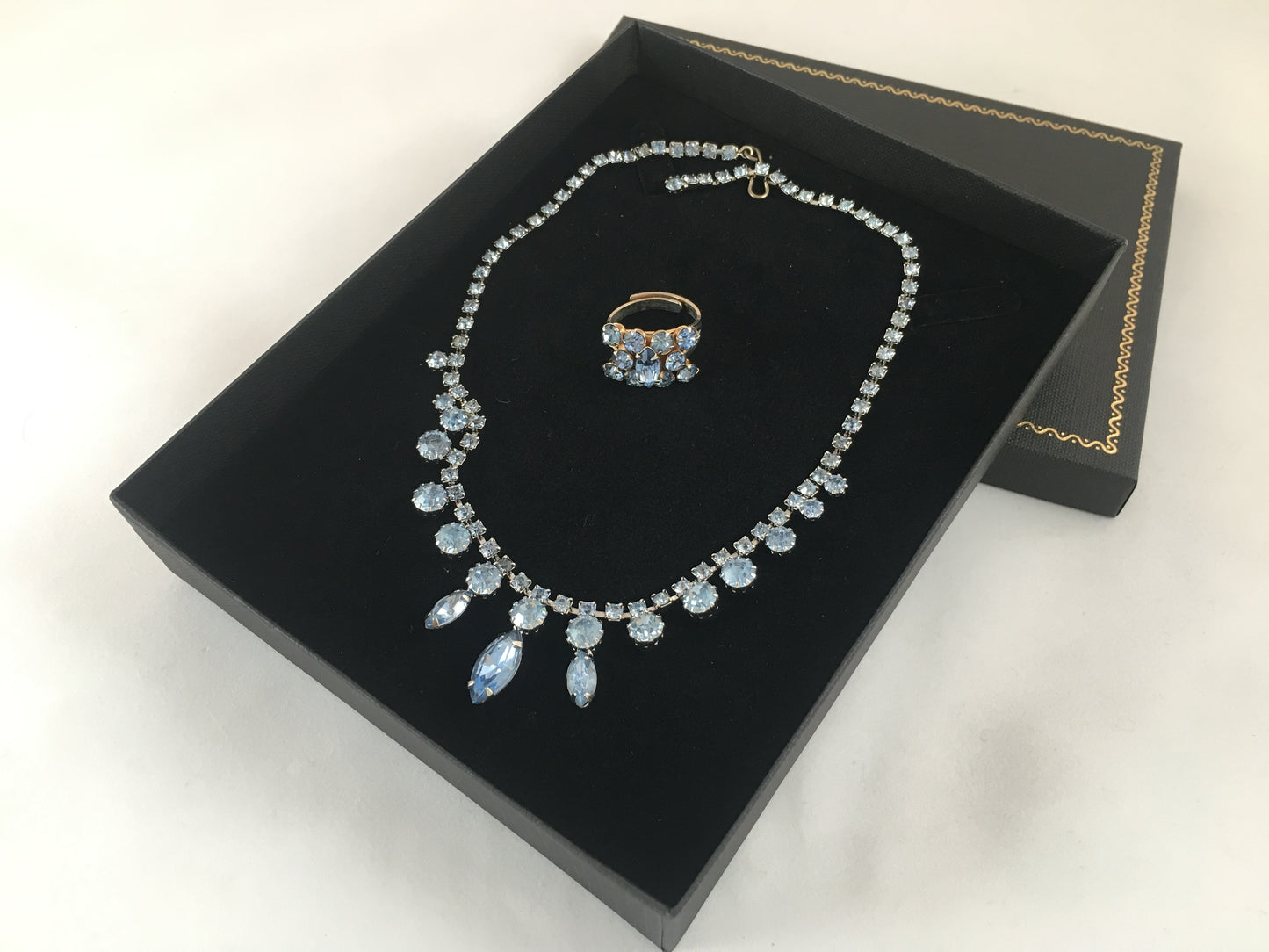 1950s Ice-Blue Crystal Choker with Matching Cocktail Ring - Busy Bowerbird