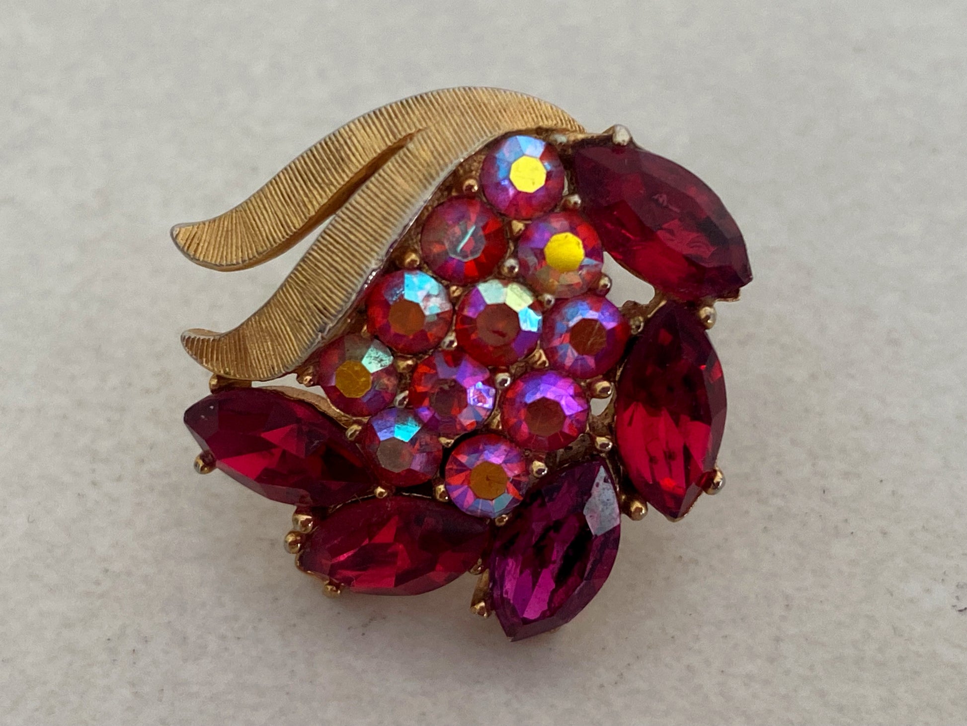 1950s CROWN TRIFARI Pink & Red Crystal Earrings with Brushed Gold Surrounds - Busy Bowerbird