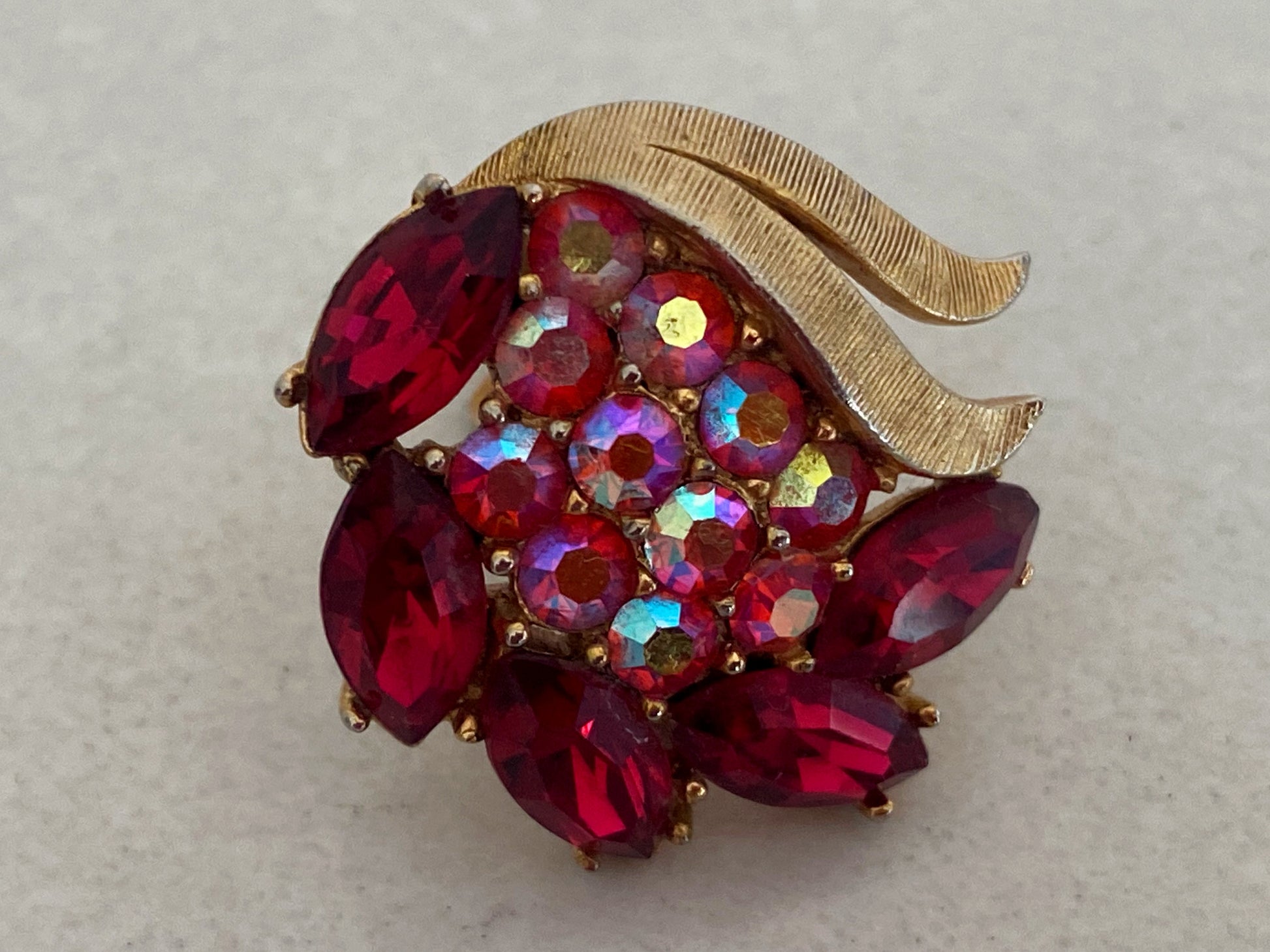 1950s CROWN TRIFARI Pink & Red Crystal Earrings with Brushed Gold Surrounds - Busy Bowerbird