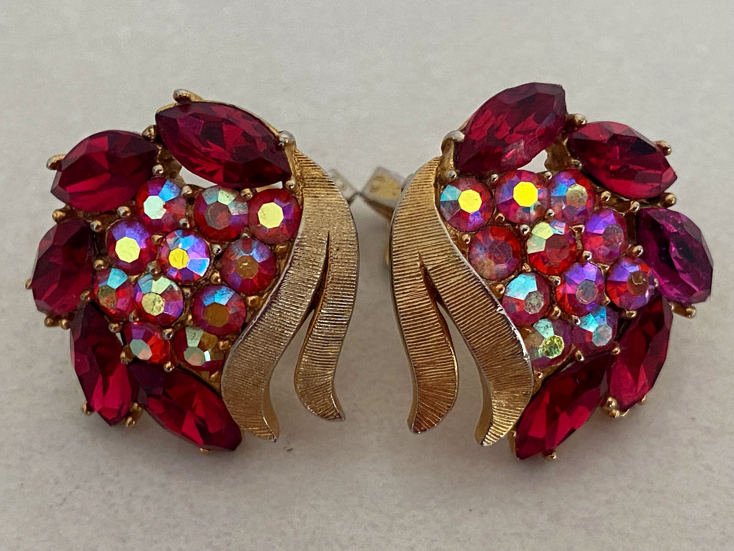 1950s CROWN TRIFARI Pink & Red Crystal Earrings with Brushed Gold Surrounds - Busy Bowerbird