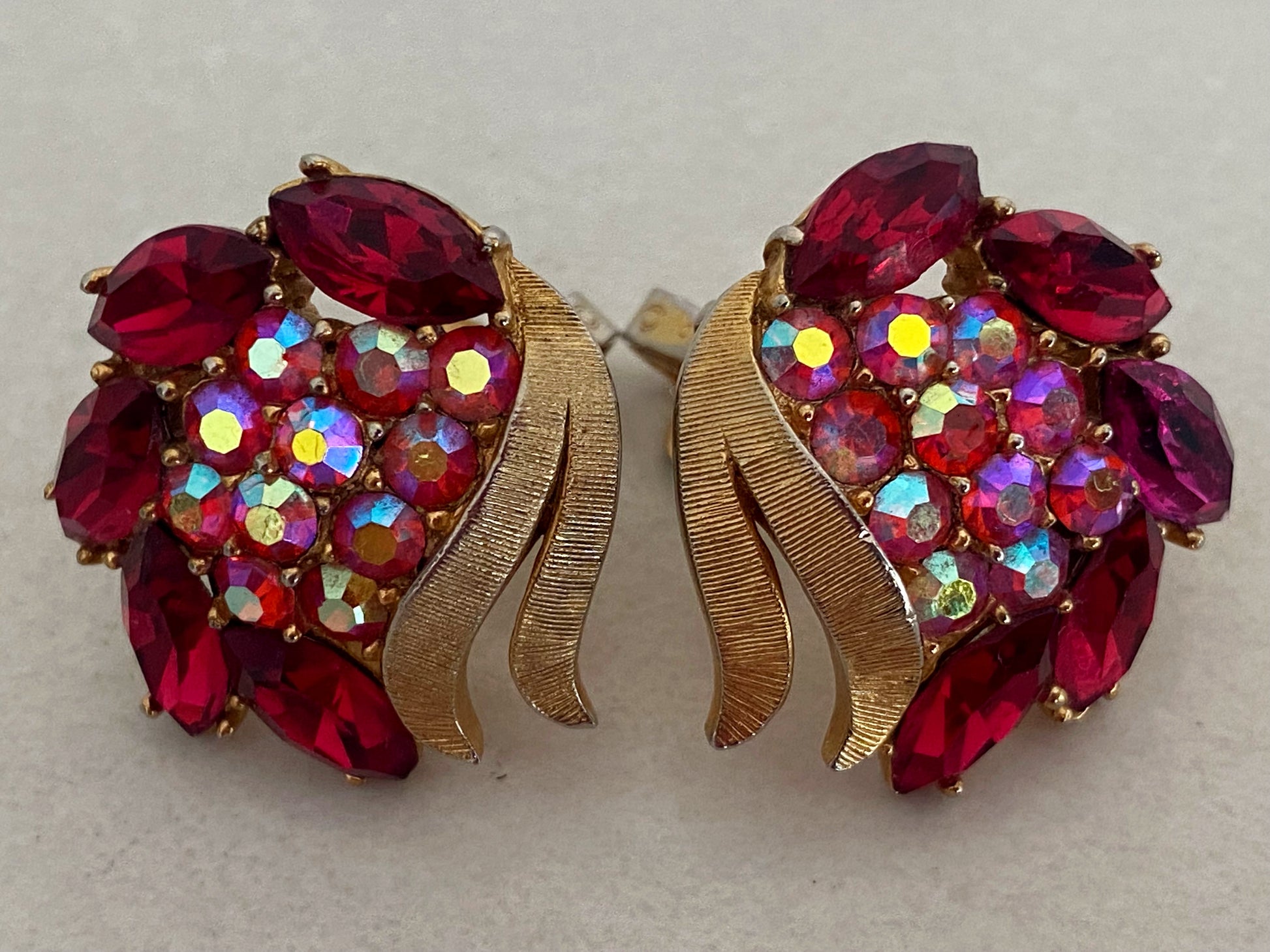 1950s CROWN TRIFARI Pink & Red Crystal Earrings with Brushed Gold Surrounds - Busy Bowerbird