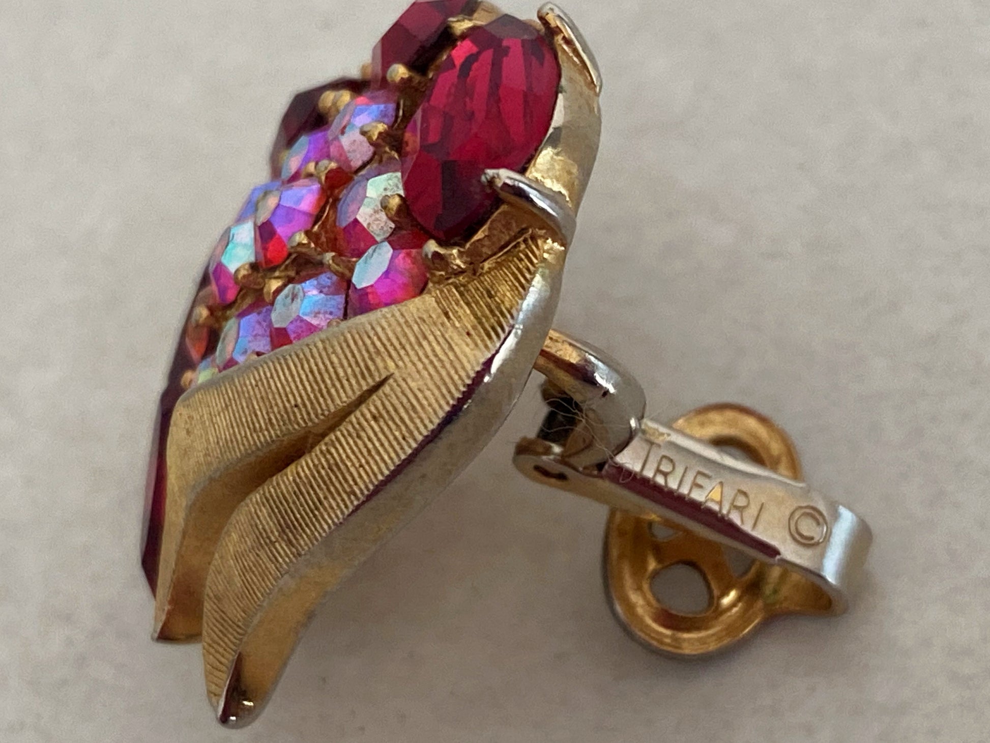 1950s CROWN TRIFARI Pink & Red Crystal Earrings with Brushed Gold Surrounds - Busy Bowerbird