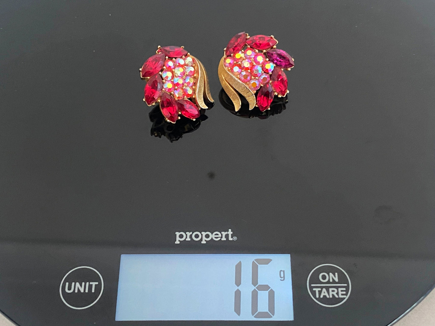 1950s CROWN TRIFARI Pink & Red Crystal Earrings with Brushed Gold Surrounds - Busy Bowerbird