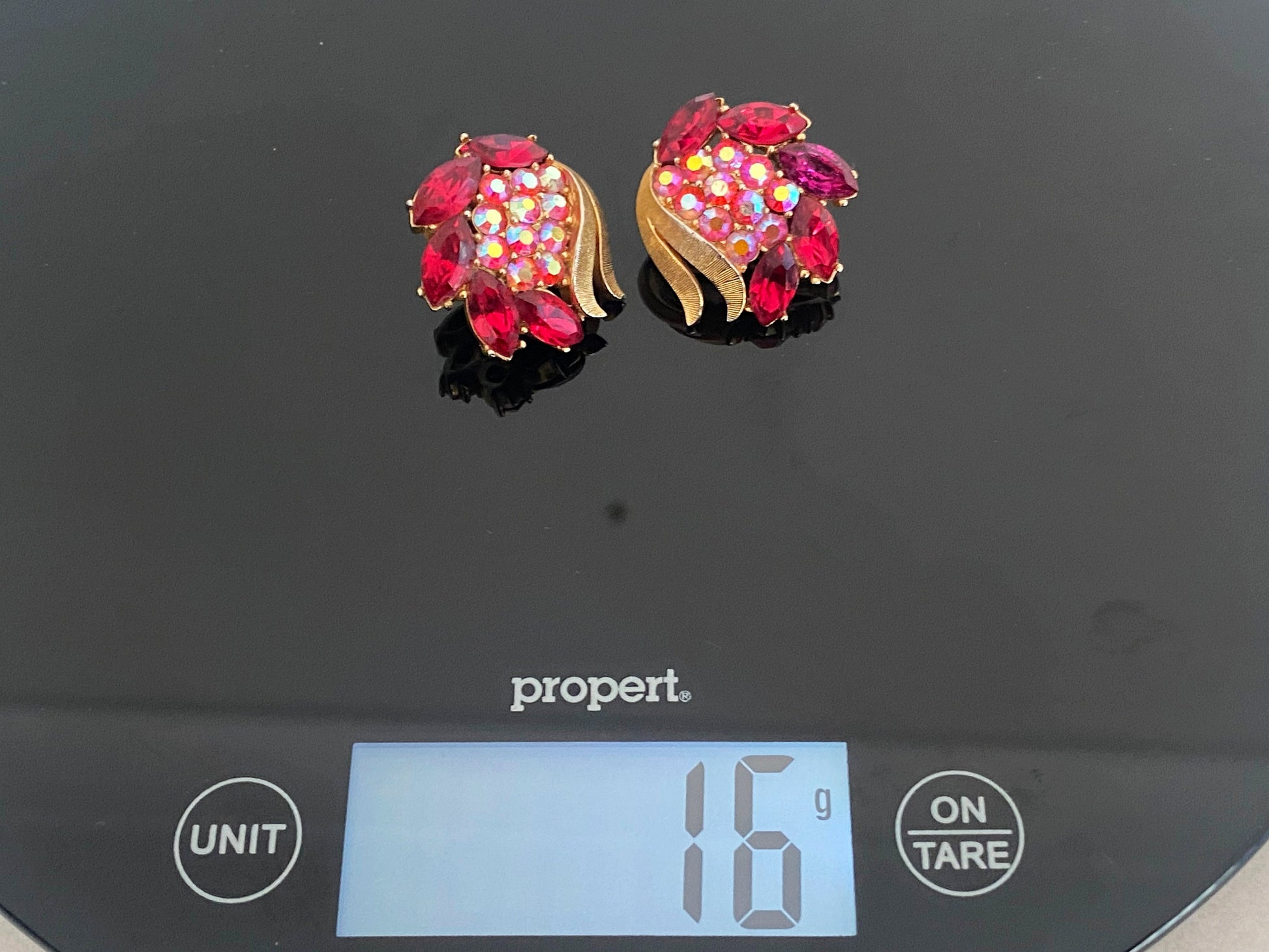 1950s CROWN TRIFARI Pink & Red Crystal Earrings with Brushed Gold Surrounds - Busy Bowerbird