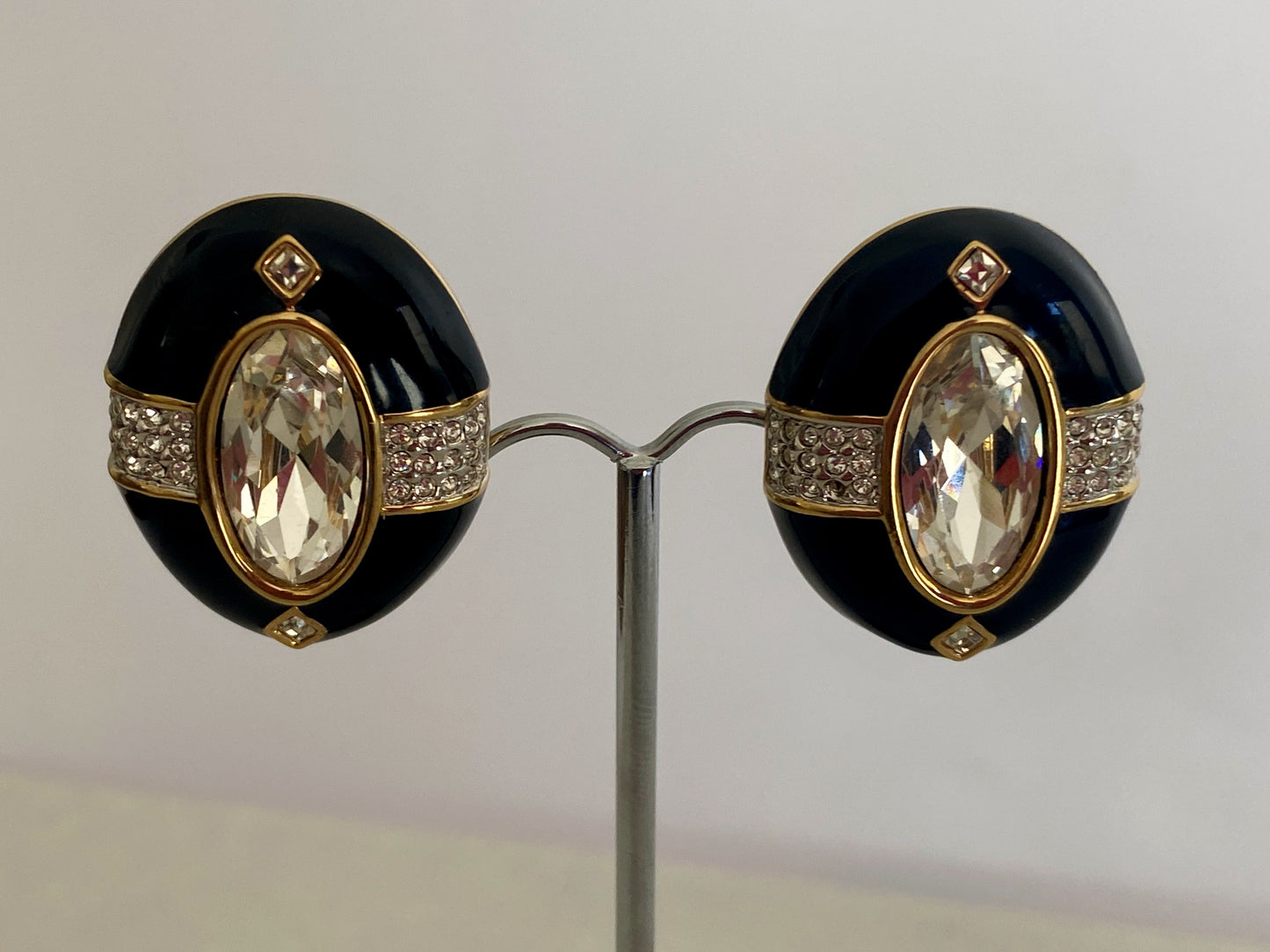 Large SWAROVSKI Oval Clip Earrings | Black Enamel, Gilt & Clear Pave Crystals - Busy Bowerbird