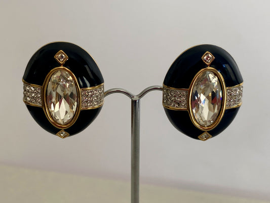 Large SWAROVSKI Oval Clip Earrings | Black Enamel, Gilt & Clear Pave Crystals - Busy Bowerbird