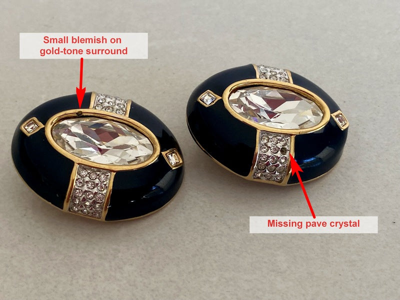 Large SWAROVSKI Oval Clip Earrings | Black Enamel, Gilt & Clear Pave Crystals - Busy Bowerbird