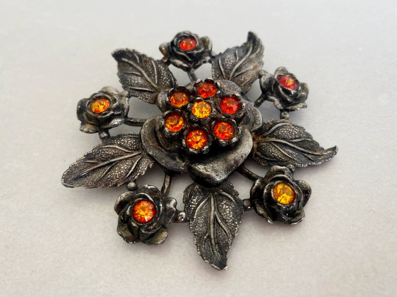 1930s LITTLE NEMO Floral Brooch with Orange Rhinestones | 7 cm Diameter - Busy Bowerbird