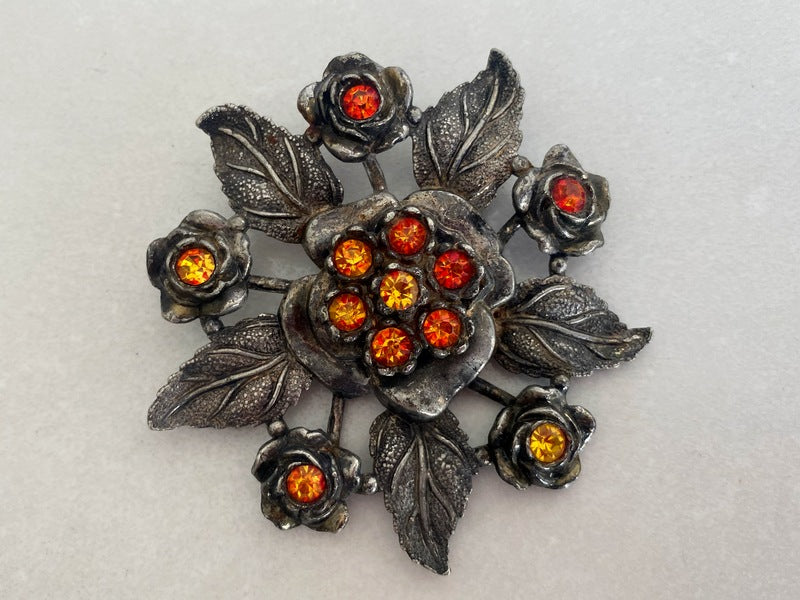 1930s LITTLE NEMO Floral Brooch with Orange Rhinestones | 7 cm Diameter - Busy Bowerbird