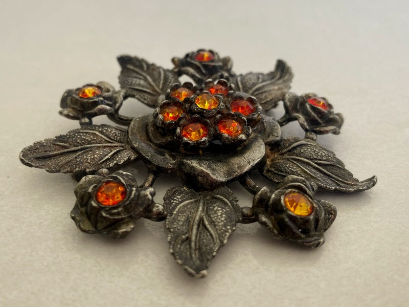 1930s LITTLE NEMO Floral Brooch with Orange Rhinestones | 7 cm Diameter - Busy Bowerbird