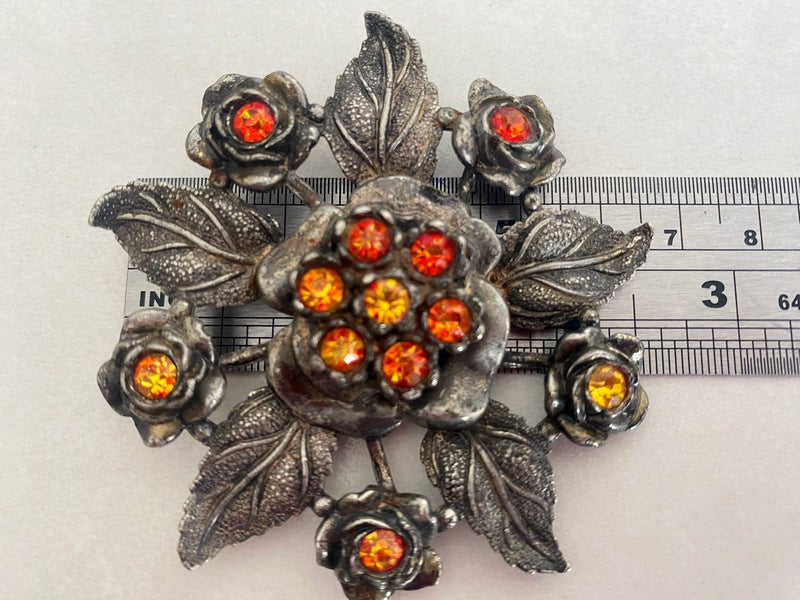 1930s LITTLE NEMO Floral Brooch with Orange Rhinestones | 7 cm Diameter - Busy Bowerbird