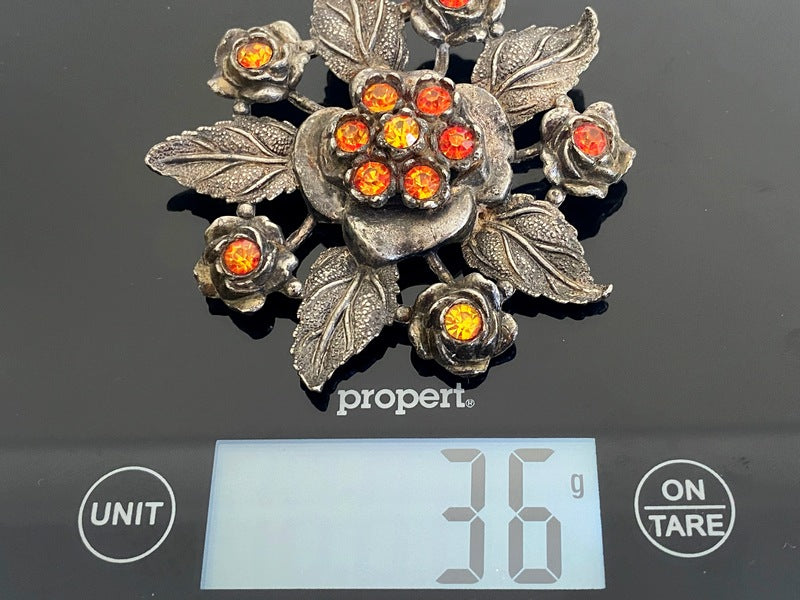 1930s LITTLE NEMO Floral Brooch with Orange Rhinestones | 7 cm Diameter - Busy Bowerbird