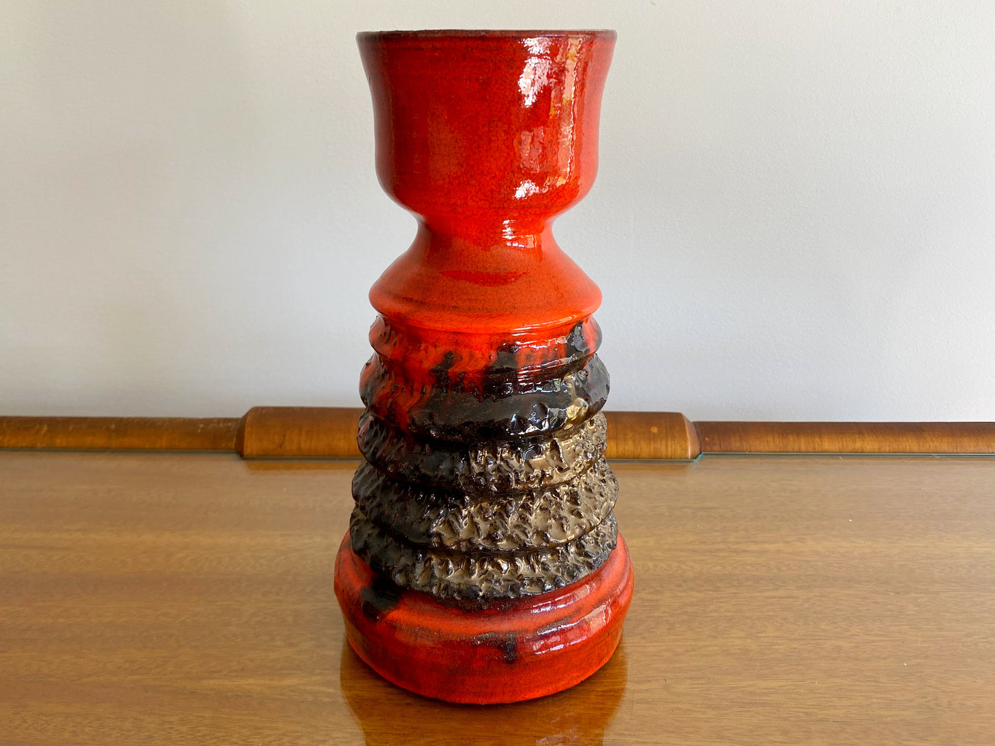 Ribbed Terracotta Vase with LAVA-STYLE Orange & Black Glaze - Busy Bowerbird