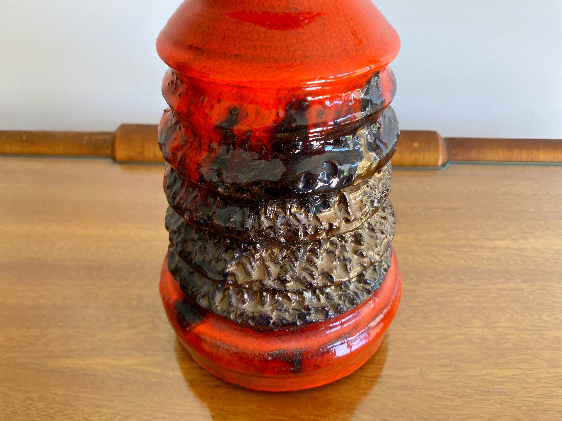 Ribbed Terracotta Vase with LAVA-STYLE Orange & Black Glaze - Busy Bowerbird