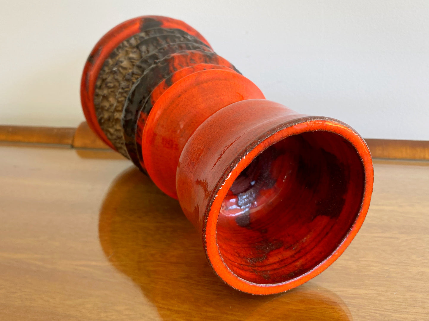 Ribbed Terracotta Vase with LAVA-STYLE Orange & Black Glaze - Busy Bowerbird