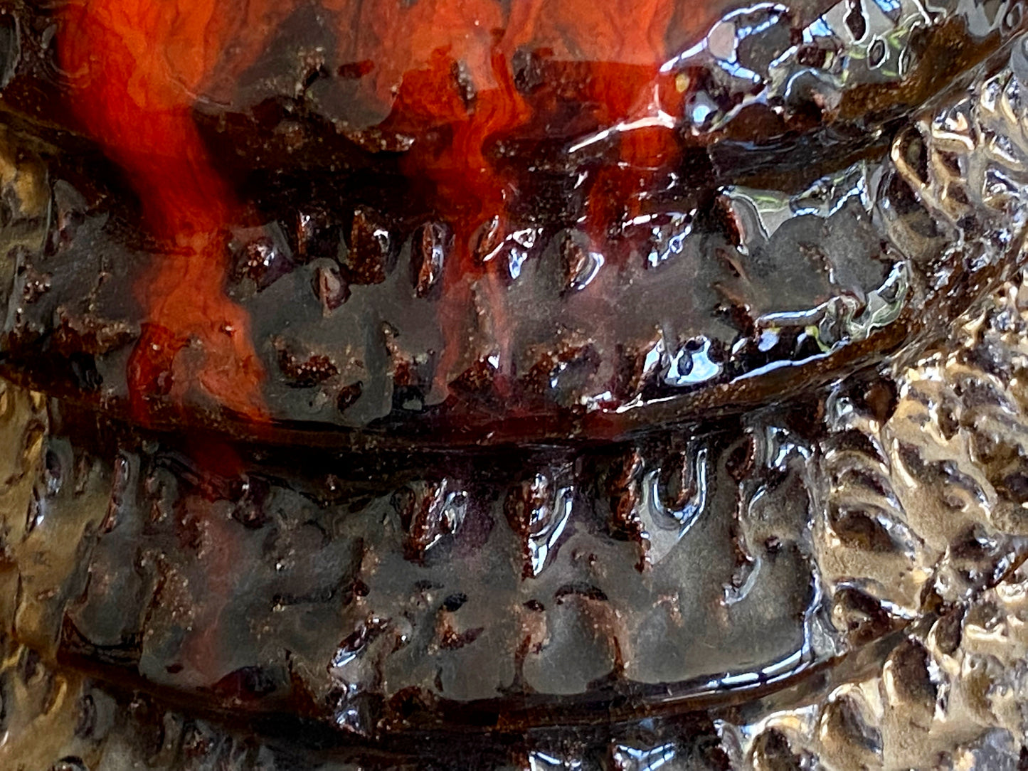 Ribbed Terracotta Vase with LAVA-STYLE Orange & Black Glaze - Busy Bowerbird