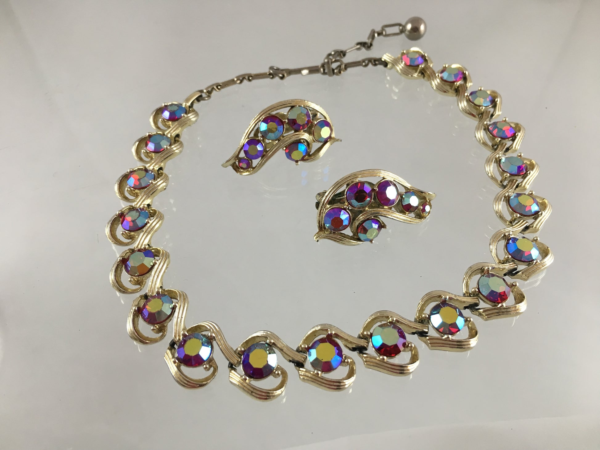 1950s KRAMER Aurora Borealis Rhinestone Choker & Earring Set - Busy Bowerbird