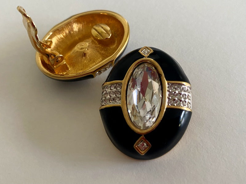 Large SWAROVSKI Oval Clip Earrings | Black Enamel, Gilt & Clear Pave Crystals - Busy Bowerbird