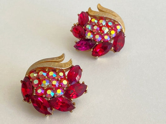 1950s CROWN TRIFARI Pink & Red Crystal Earrings with Brushed Gold Surrounds - Busy Bowerbird