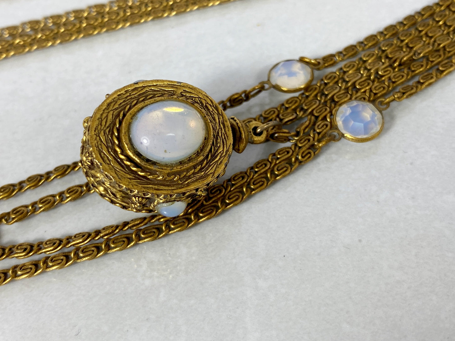 GOLDETTE Gold-Tone Sautoir Necklace with Faux Moonstone Pendant & Chicklets - Busy Bowerbird