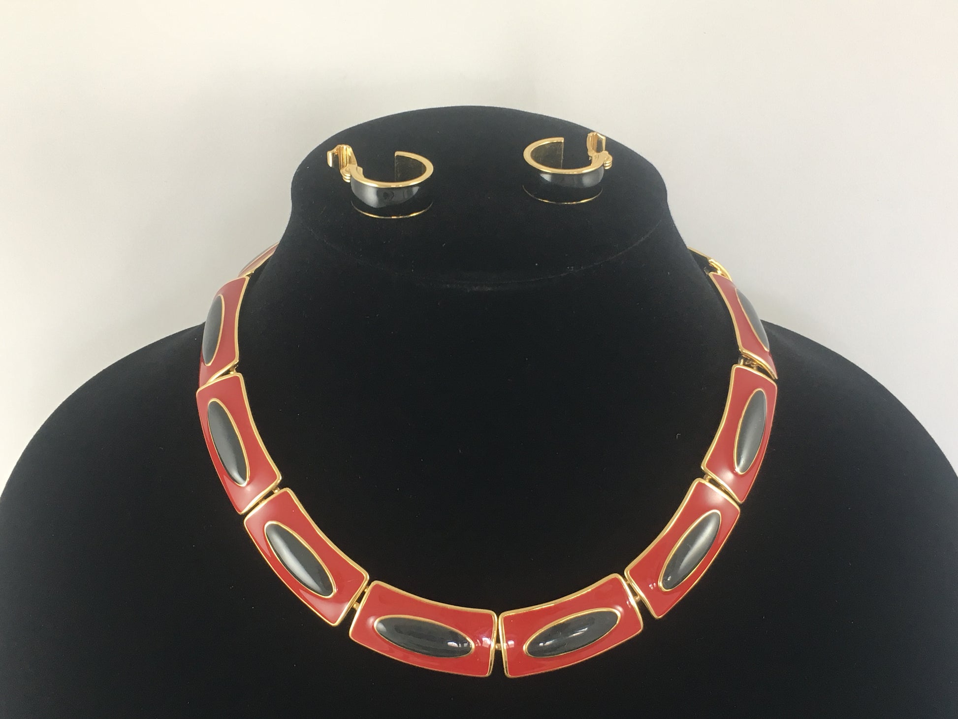 MONET Red & Black Enamel Gold-Plated Necklace | TWO Pairs of Earrings! - Busy Bowerbird