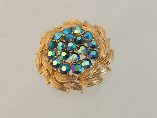 VINTAGE Gold-Plated Leaf-Wreath Brooch with Blue AB Crystals - Busy Bowerbird