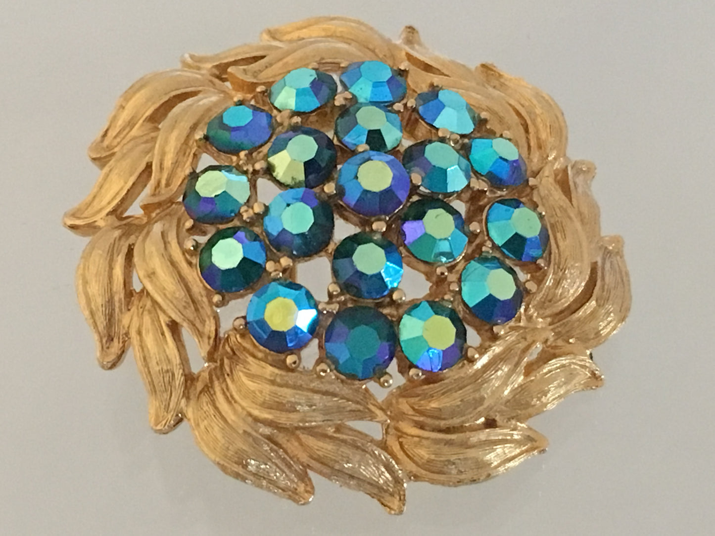 VINTAGE Gold-Plated Leaf-Wreath Brooch with Blue AB Crystals - Busy Bowerbird