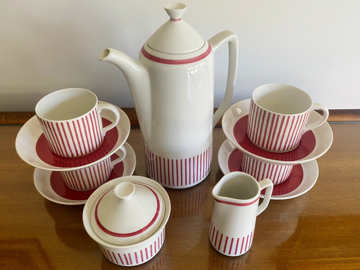 1950s RÖRSTRAND 'Kadett' Red Stripe Coffee Service Designed by Hertha Bengtsson - Busy Bowerbird