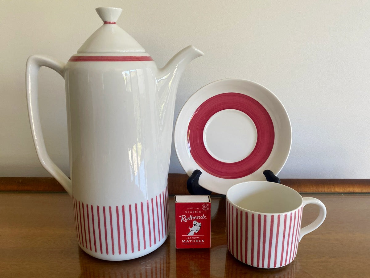 1950s RÖRSTRAND 'Kadett' Red Stripe Coffee Service Designed by Hertha Bengtsson - Busy Bowerbird