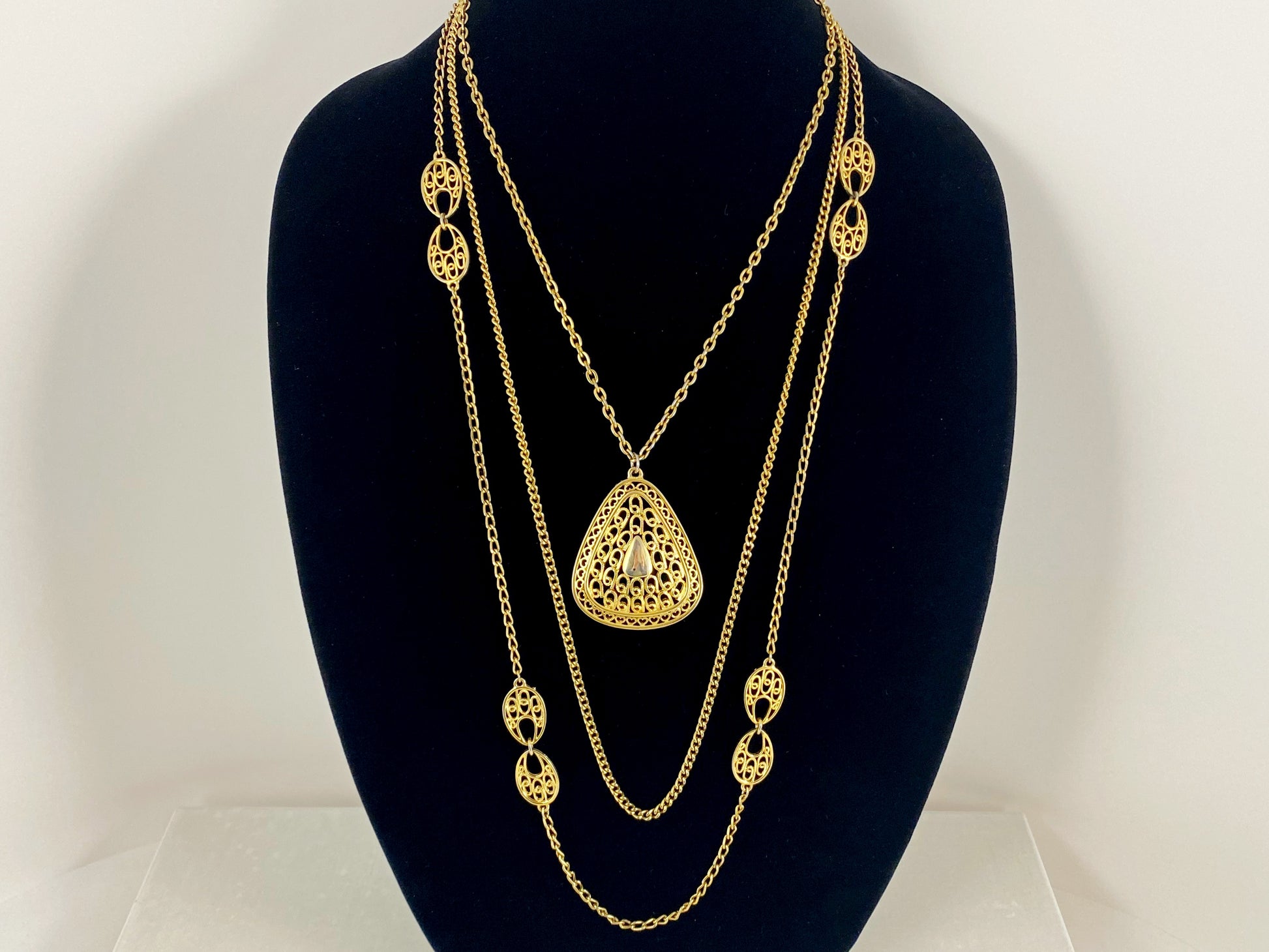 Vintage Three-Strand Gold-Tone Sautoir Necklace with Filigree Teardrop Pendant - Busy Bowerbird