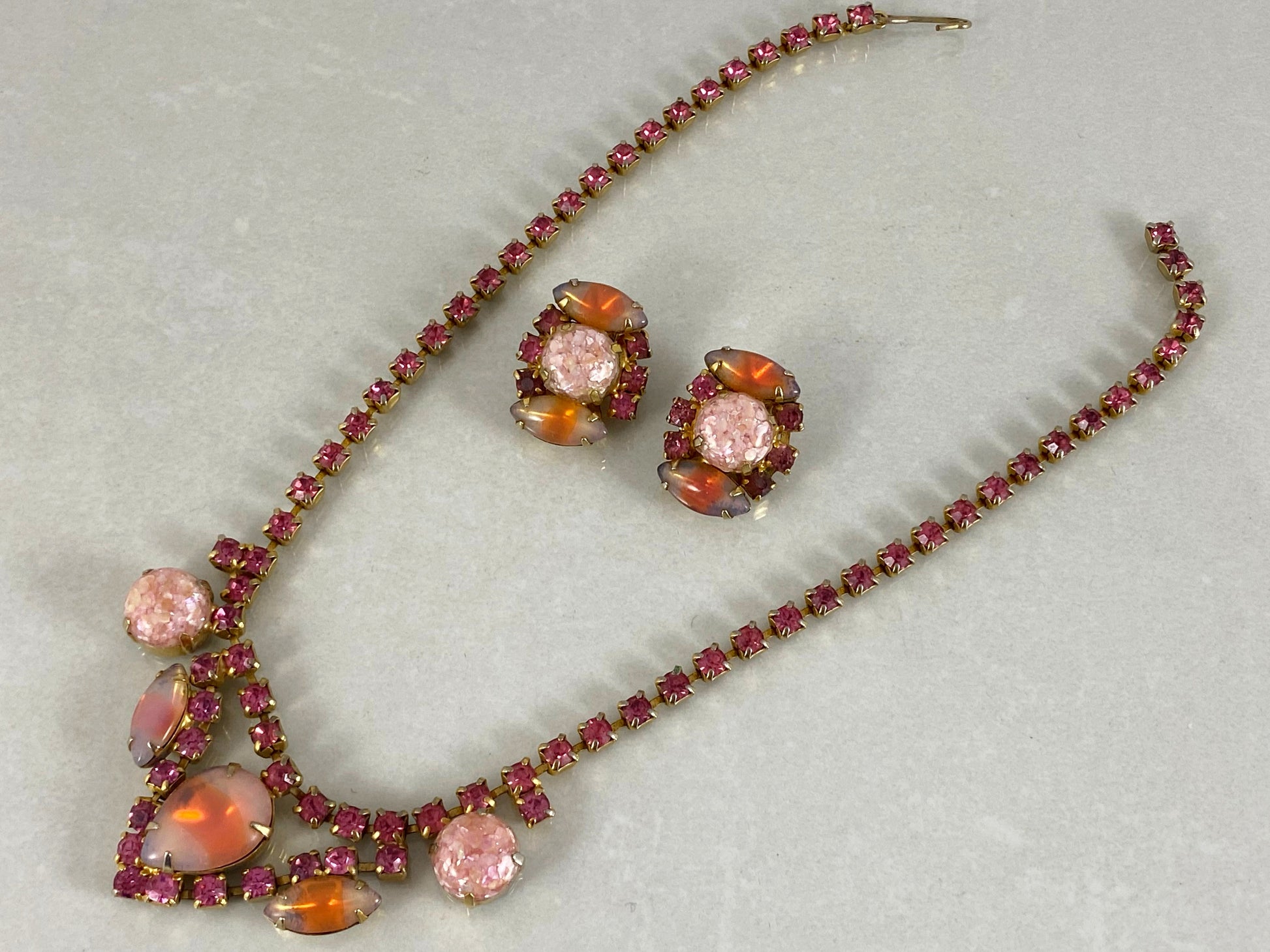 1950s Pink Rhinestone Necklace & Earring Set | Vintage Beauty! - Busy Bowerbird