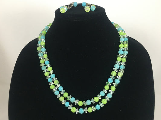 VINTAGE 22" Necklace & Earring Set with Lime & Aquamarine Crystals - Busy Bowerbird